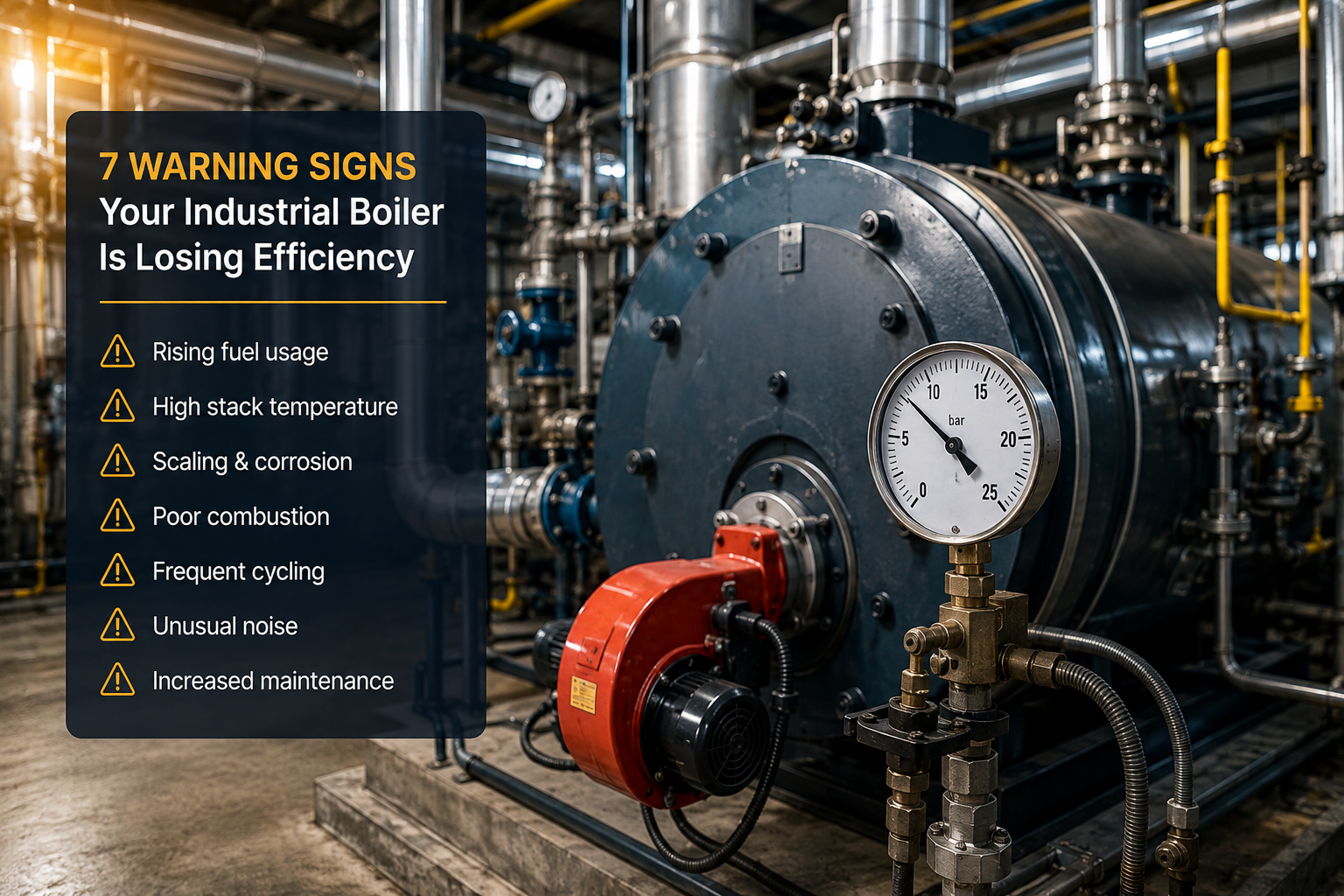 Industrial boiler equipment illustrating seven warning signs of declining boiler efficiency